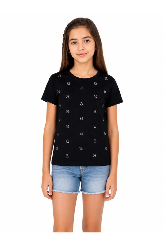 Pink 15205-26 Girl's Black Stone Detailed Basic T-Shirt Daily Comfortable Stylish Cotton T-Shirt