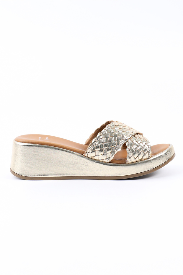 Genuine Leather Gold Knitted Wedge Heel Women's Slippers - Z26229-2