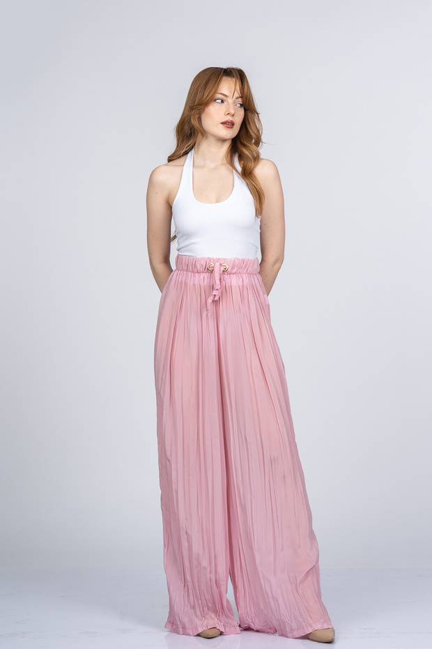 Women's Summer Pink Lorienne Crinkled Loose Chiffon Trousers Casual Comfortable 30397