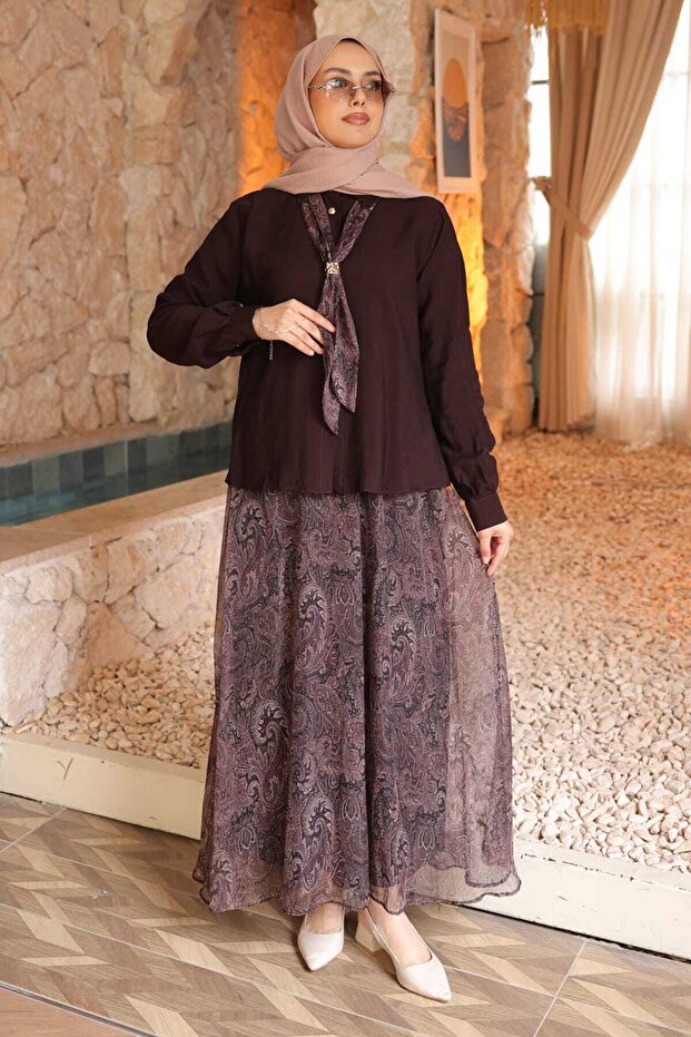 Brown Scarf Detailed Chiffon Skirt Set