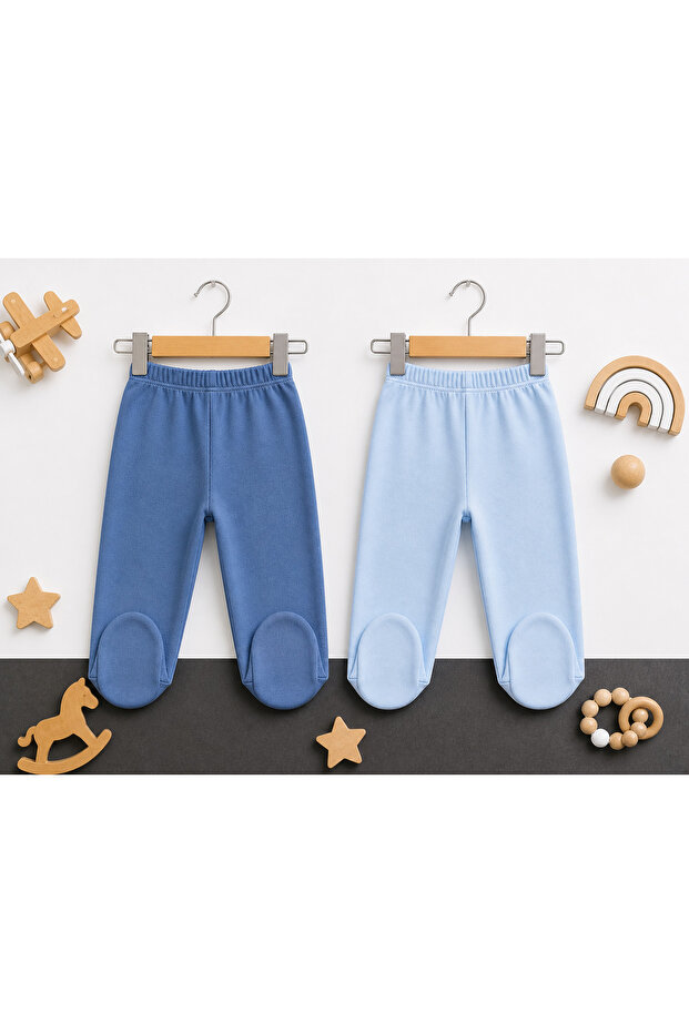 100% Cotton Double Booties Baby Pants Set – Indigo & Light Blue