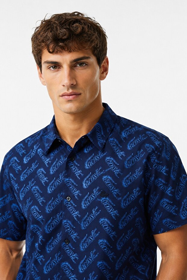 Men's Relaxed Fit Navy Shirt Loose Cut Men's Short Sleeve Shirt Navy Blue