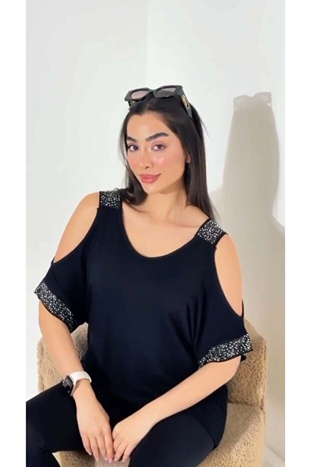 Women's Off-Shoulder Stone Detailed Oversize Viscose Blouse