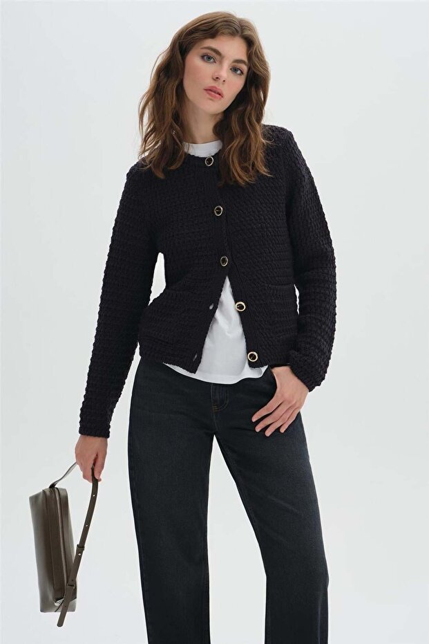 Navy Blue Button Detailed Knitwear Cardigan