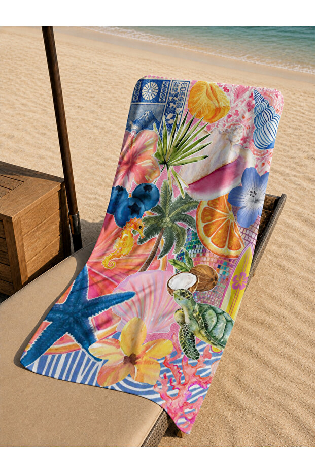 Blue Starfish and Tropical Pattern Beach Towel
