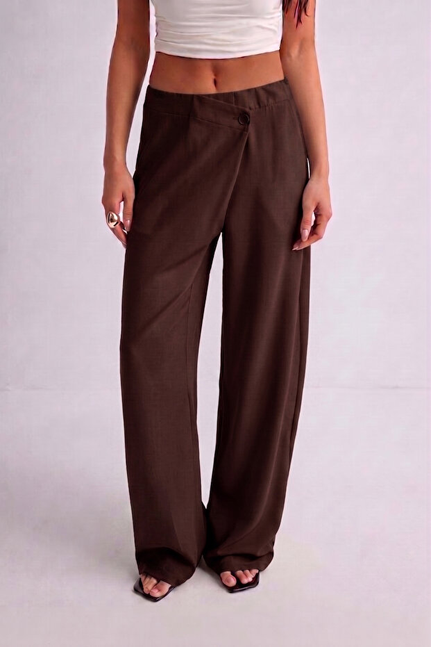 High Waist Button Detailed Wide Leg Stylish Comfortable Women's Trousers