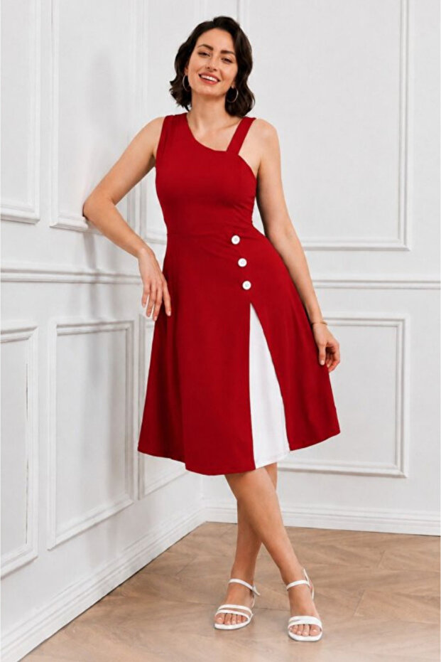 Women's One-Shoulder Strap Buttoned Crepe Dress