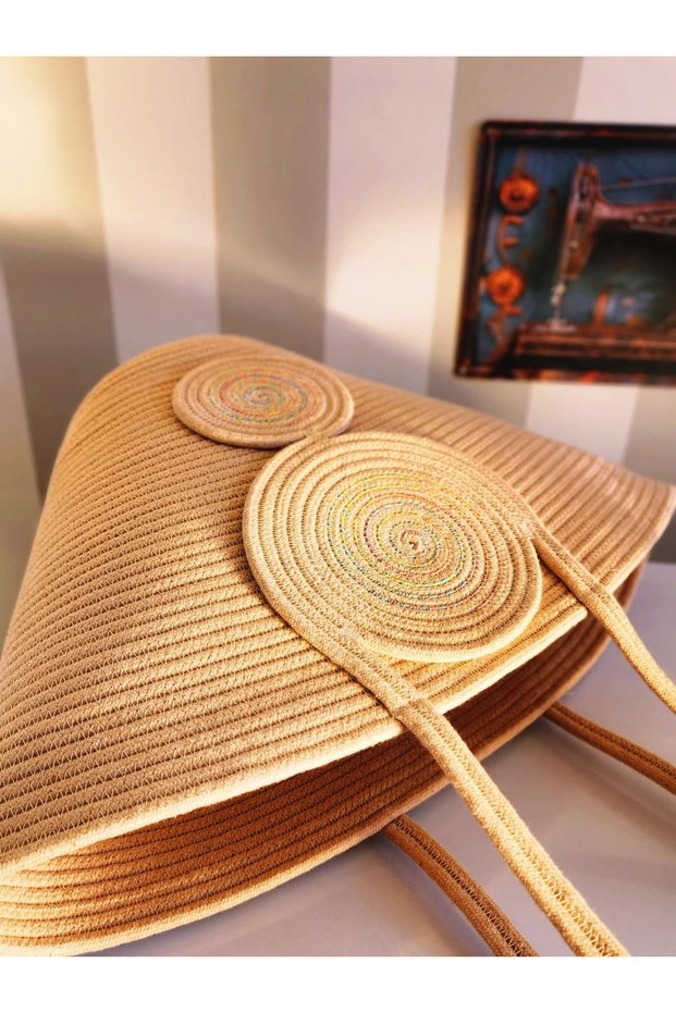Beige Colored Bohemian Beach Bag – Large Size Handmade Bag with Color Detail