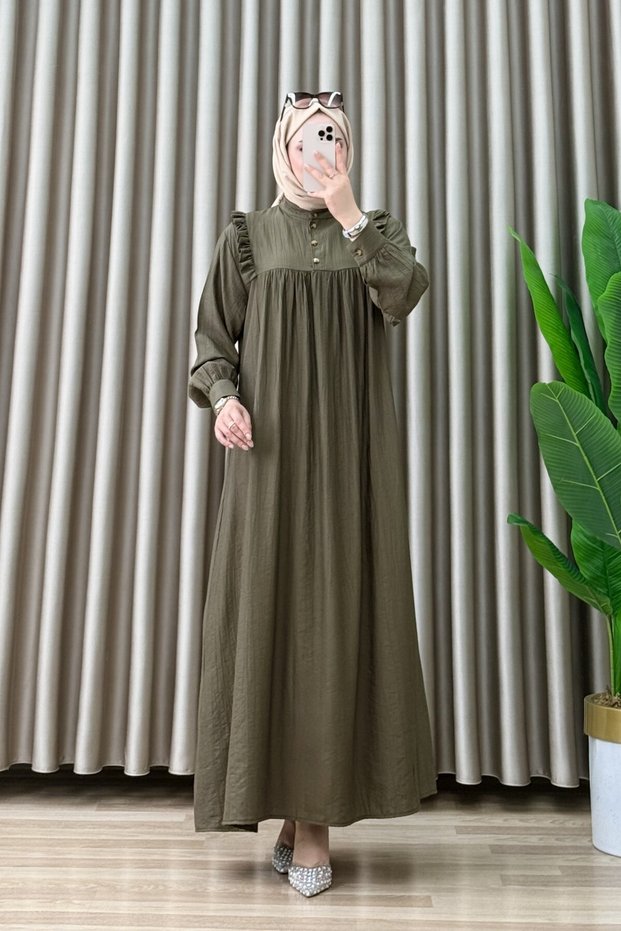 Kardelen Dress Strawberry Fabric Women's Khaki Collar Openable Button Detail and Ruffled Shoulders Relaxed Cut Dress