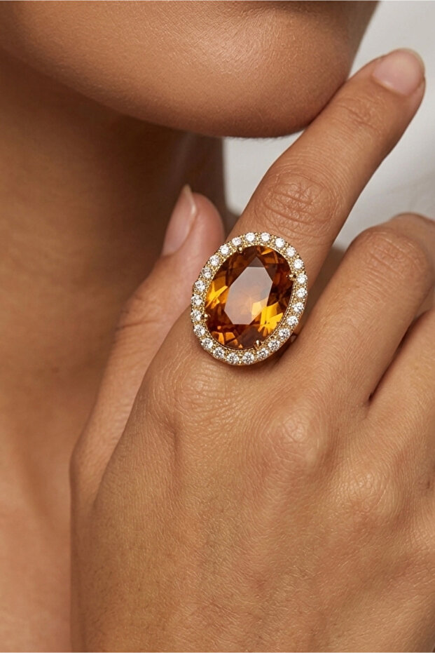 Coffee Stone Ring Oval Ring Gold Plated Ring Henna Ring Evening Dress Ring 2.5 cm