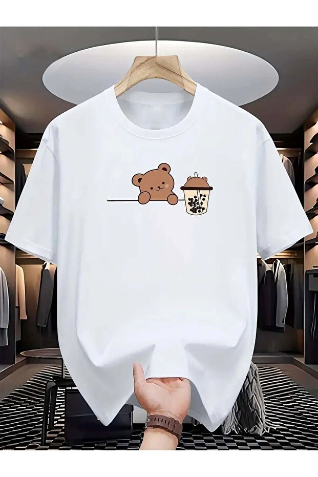 Unisex Crew Neck Teddy Bear Printed Cotton Oversize Round Neck White T-Shirt