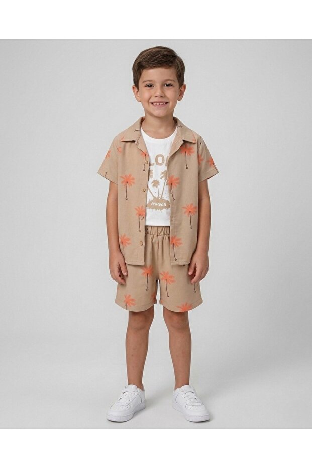 Boys' Summer Palm Tree Printed 3-Piece Shirt Muslin Set, Stylish 3-Piece Set with Shorts for Ages 3-10