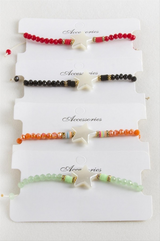 Ilkeshop Star Pearl Crystal Macrame Rope Bracelet - (222104) Pink