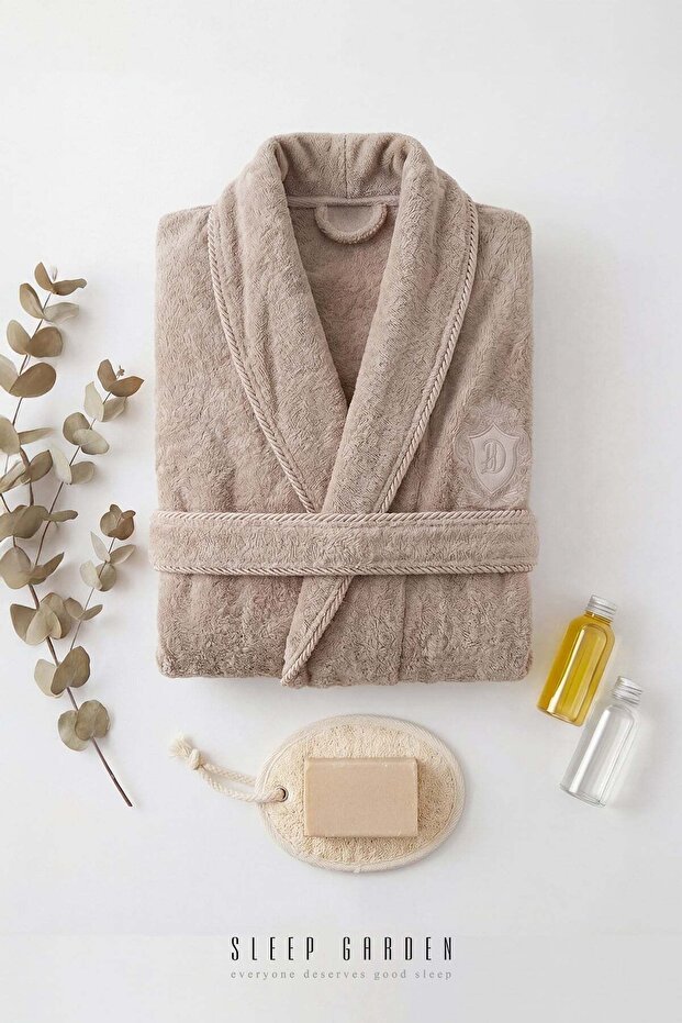 Women's Bathrobe 100% Cotton with Piping, Durable and Soft, Beige, Size S