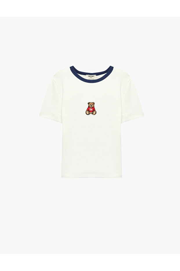 Teddy Bear Embroidered Crew Neck Cotton T-Shirt