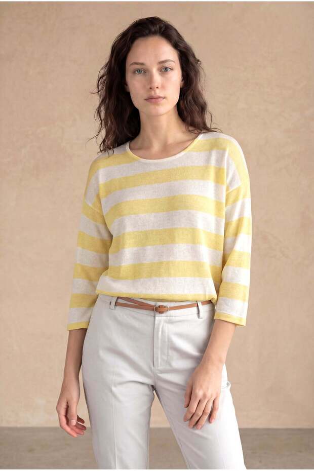 Women's Relaxed Fit Crew Neck Viscose / Elastane Long Sleeve Yellow / Ecru Striped Off-Shoulder Blouse Wilda