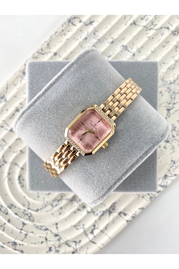 Boley Square Stone Frame Pink Dial Gold Women's Wristwatch