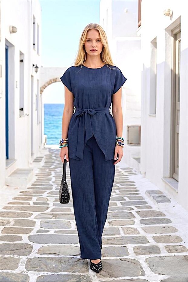 Navy Blue Crew Neck Double Set - 3