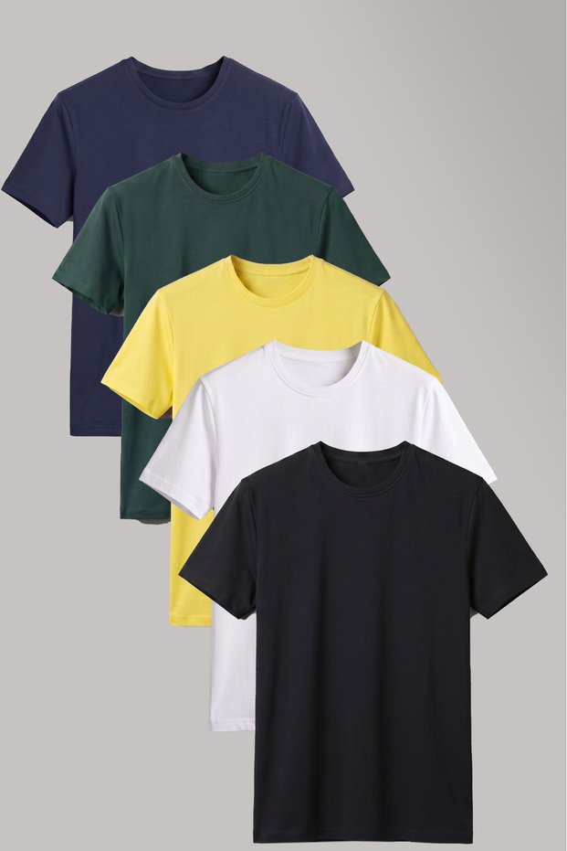 Men's 5-Pack Crew Neck Short Sleeve Basic T-Shirt Black - Navy Blue - Yellow - Nefti - White