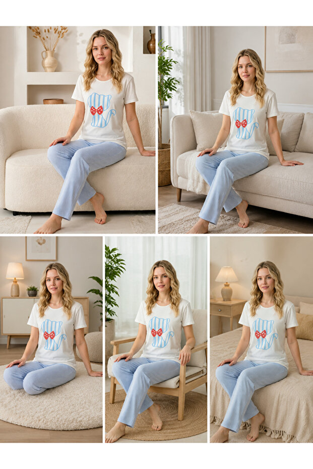 Women's Pajama Set Red Ribbon Cat Blue