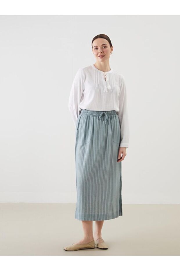 Elastic Waist Striped Linen Blend Skirt