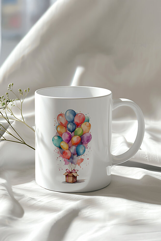 330ml مطبوع كوب من السيراميك الأبيض مع تصميم بالون ملون لطيف