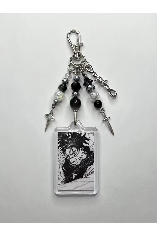 black Anime Choso Keychains Y2K Cross Star Beaded Keyring Bag Pendant Key Chain Phone Chain Accessor