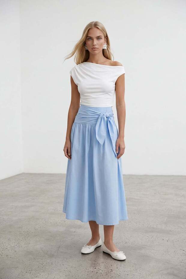 Women's Blue Tie-Waist Zippered Lined Midi Poplin Skirt Alc-X15519