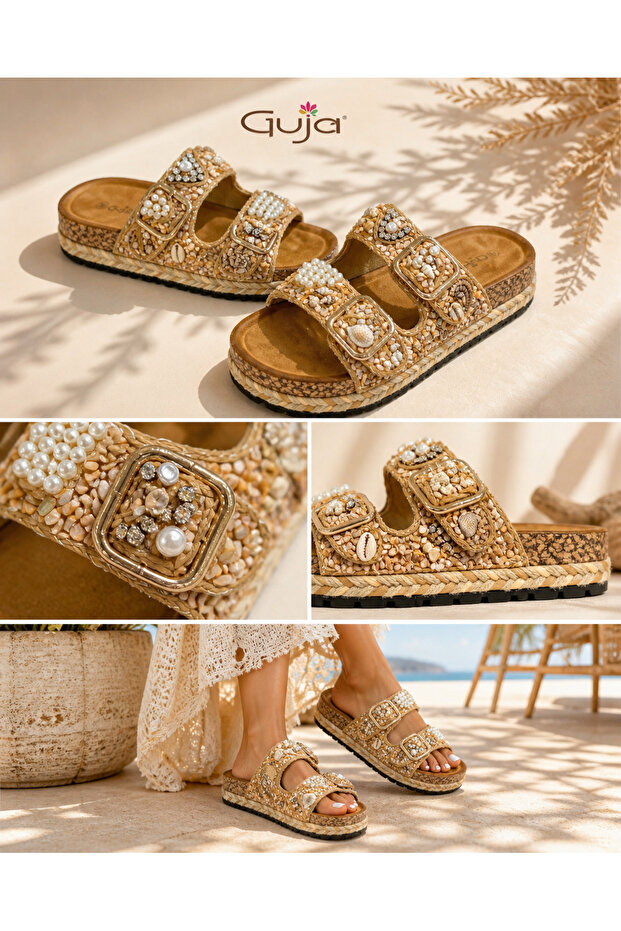 26Y217-9 Women's Stoned Double Buckle Slippers
