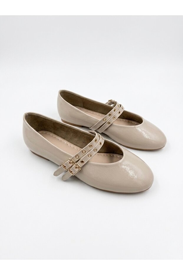 Women's Beige Double-Strapped Studded Round-Toe Ballerinas