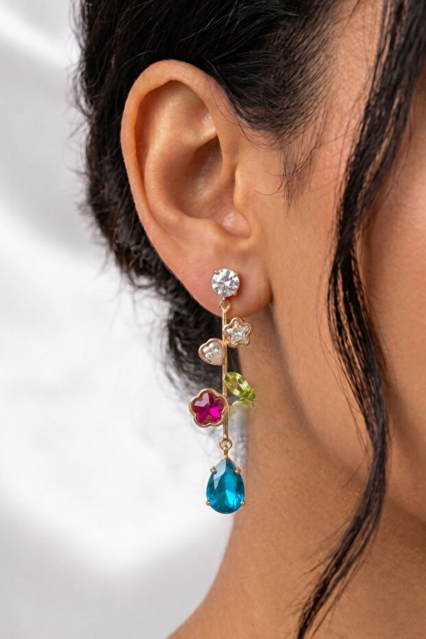 Stone-Encutured Long Earrings 7 Cm.