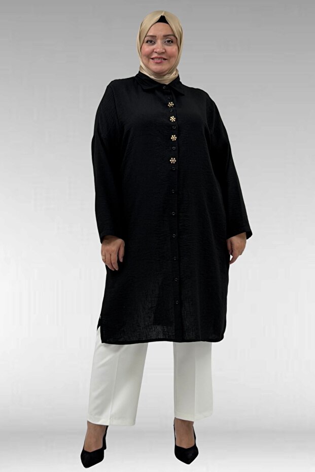 68037 Plus Size Linen Tunic with Accessory Detail - Black