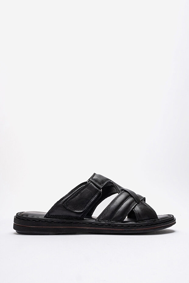 Men's Cross-Strapped Slippers Real Leather Dc 1143 Black