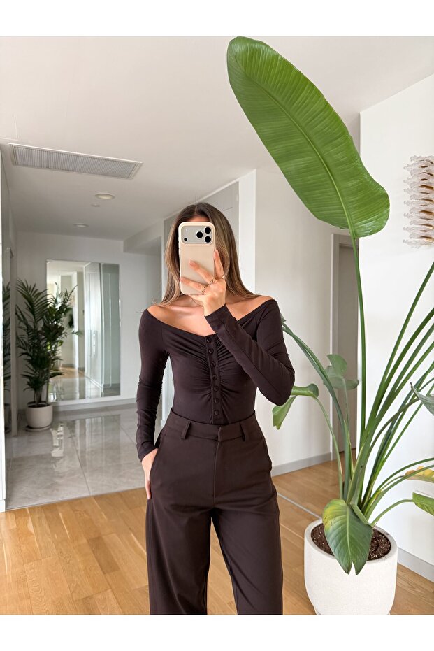Button Detailed Bodysuit - Dark Brown