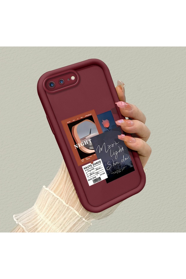 iPhone 7 Plus/8 Plus Compatible Maroon Frame Vintage Photo Collage Motif Flexible Silicone Case