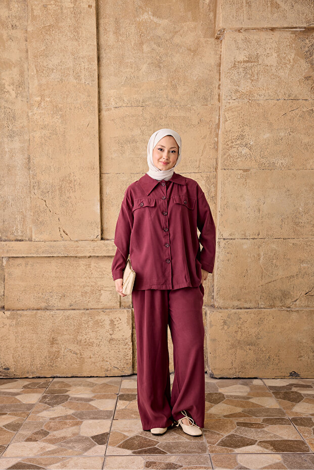 Women's Double Pocket Look Button Detail Suit Burgundy