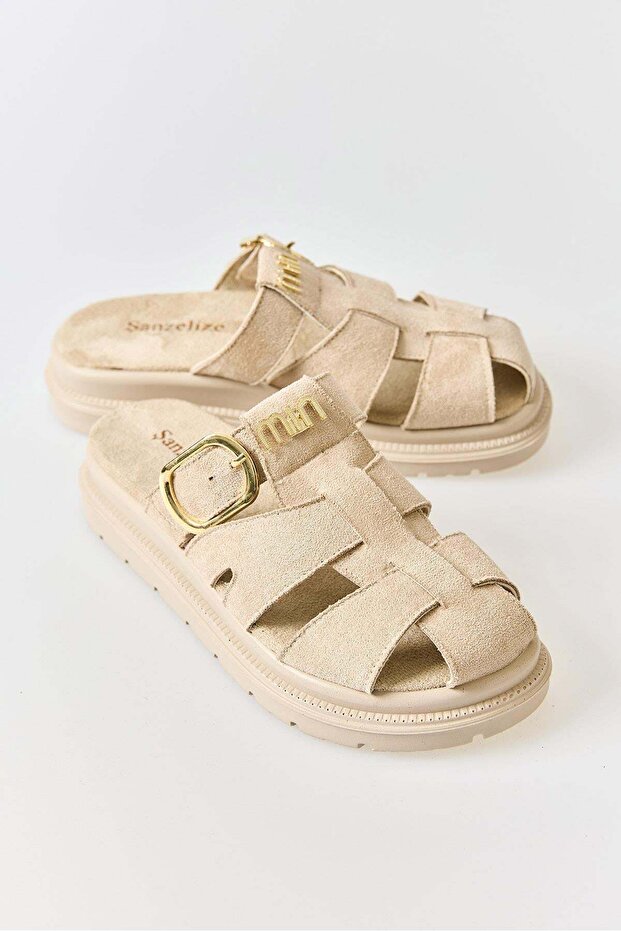 Suede Textured Comfort Sole Cage Sandals Beige