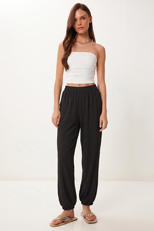 Comfortable Crinkle Shalwar Trousers with Pockets Lfw0024 Black