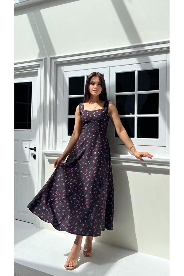 Women's Floral Patterned Back Tie Detailed Square Neck Summer Midi Dress