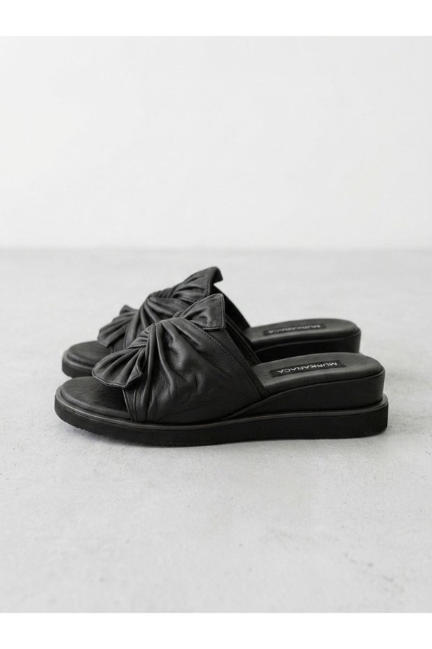 870704 Genuine Leather Slippers with Front Knot Detail for Women