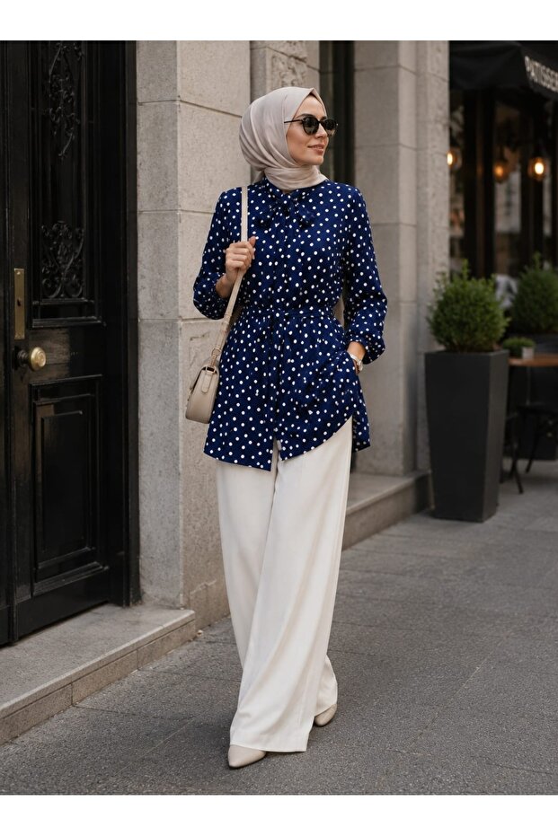 Women's Polka Dot Bow Collar Belted Long Hijab Tunic Shirt