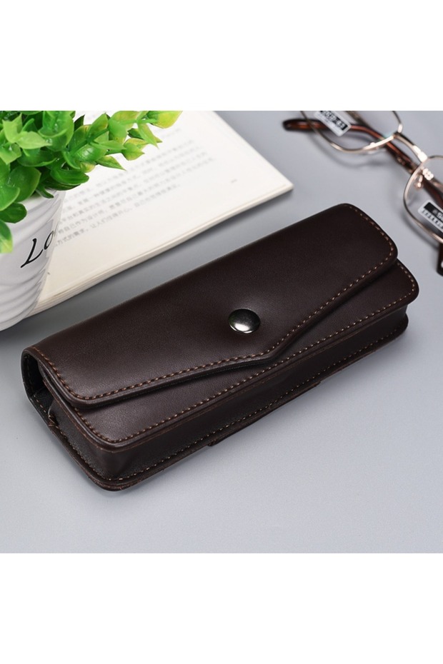 dark coffee Men Leather Reading Glasses Storage Box Upscale Belt Wearable Cowhide Glasses Case Phone