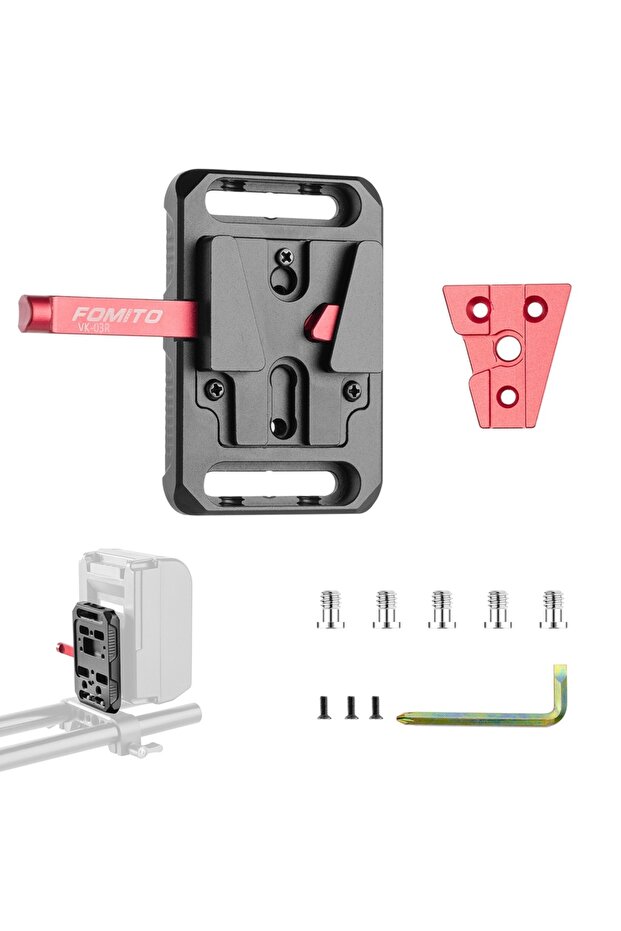 لوحة مثلثة حمراء من نوع V-Mount من FOMITO، لوحة تثبيت سريعة V-Lock، قاعدة محطة VK-03 لبطارية V-Mount