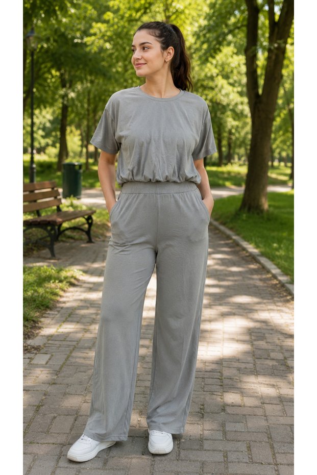 Women's Crop Elastic Waist Palazzo Suit