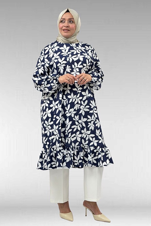 68040 Plus Size Skirt with Ruffles Mango Tunic - Leaf Pattern Navy Blue