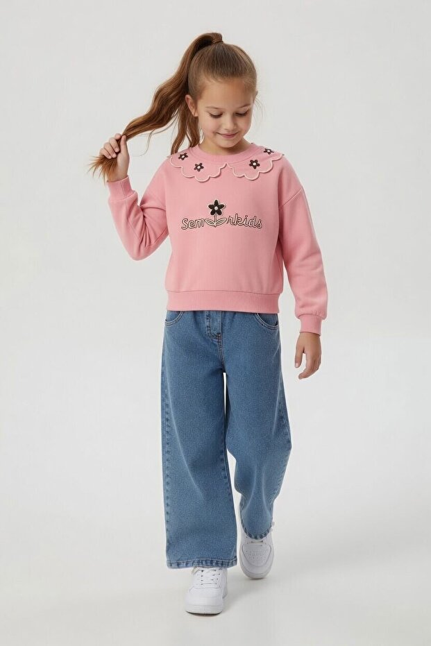 Pink Collar Flower Embroidered Badili Jean Pants Girls' Set 24568
