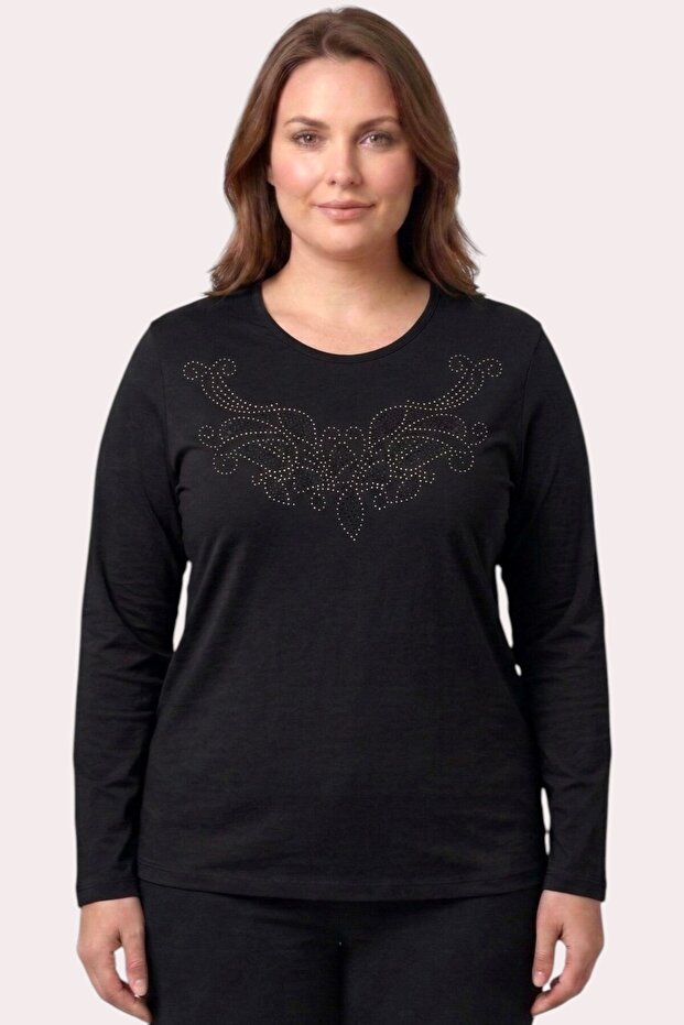 Women's Black Stone Detailed Combed Cotton Blouse
