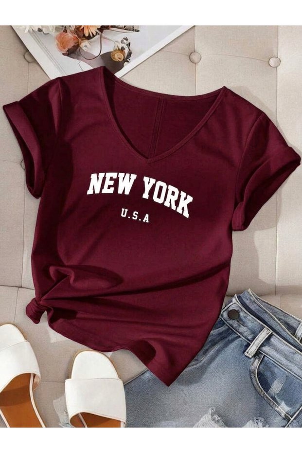 Women's New York Usa Printed V-Neck T-Shirt