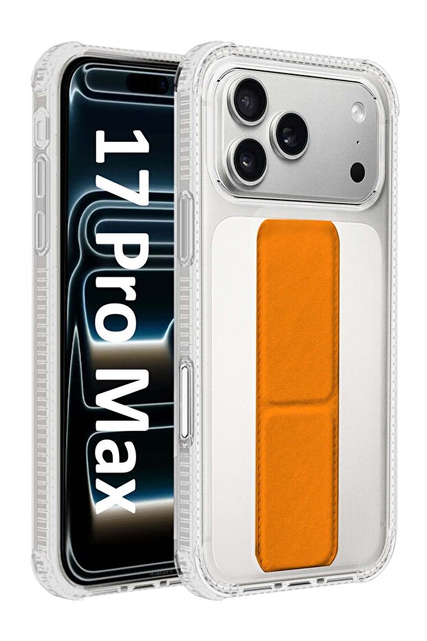 Finger Grip Clear Case Cover for iPhone 17 Pro Max - Kickstand Car Magnetic Holder Multi-function Protective Two-in-one Case - Cosmic Orange