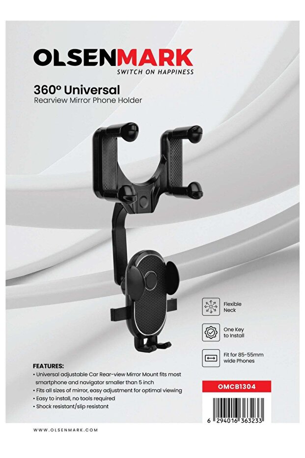 360 Universal Rearview Mirror Phone Holder OMCB1304 - Flexible Neck, One-Key Install